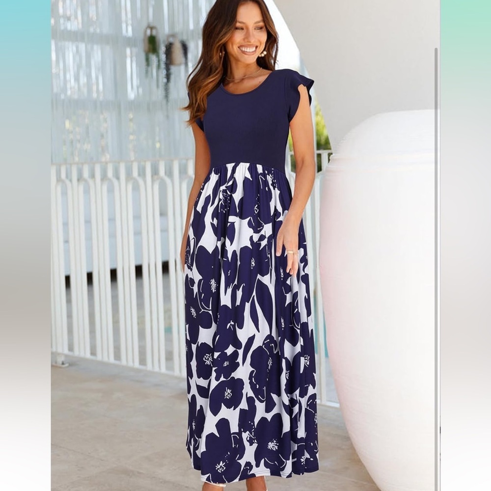 Elegant Navy Floral Maxi Dress Maturnity - Picture 3 of 6
